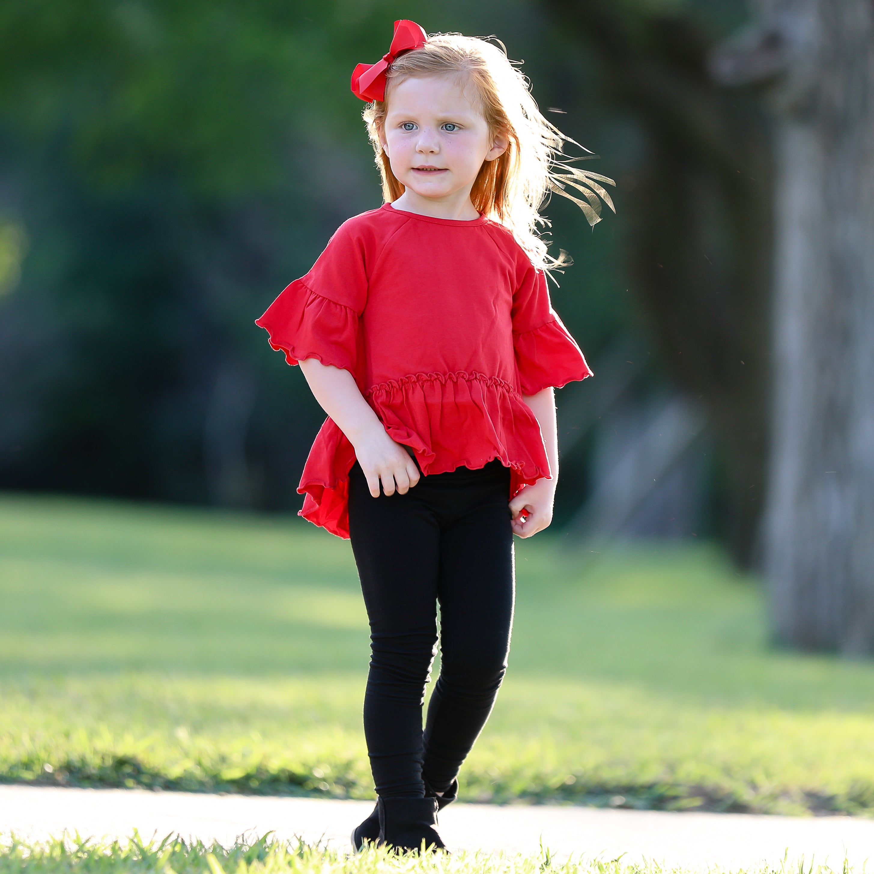 AnnLoren Little & Big Girls 3/4 Angel Sleeve Red Cotton Knit Ruffle top with bell sleeves and flowy silhouette.